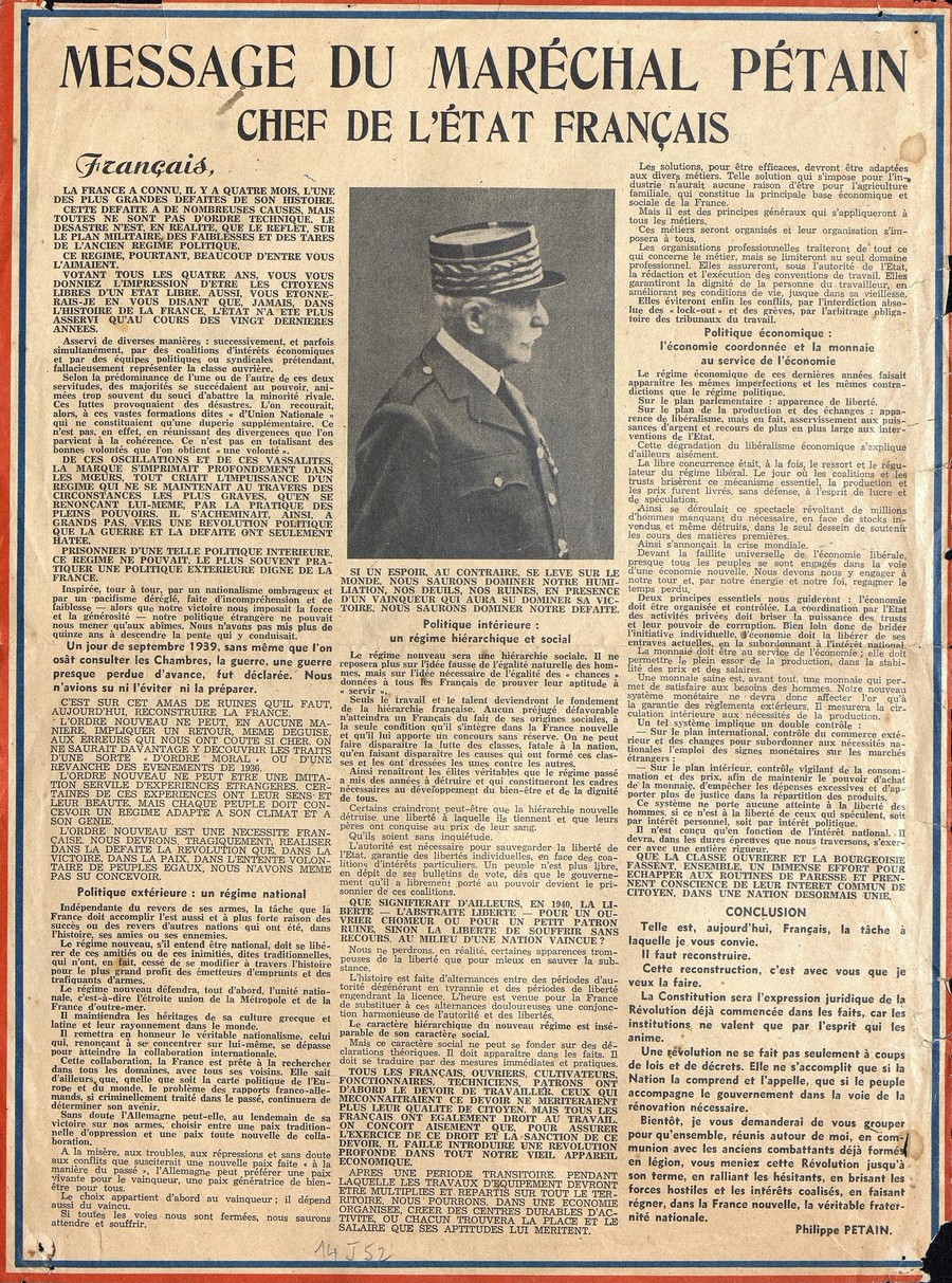 Discours Pétain Un nouveau régime ordre nouveau et Révolution nationale
